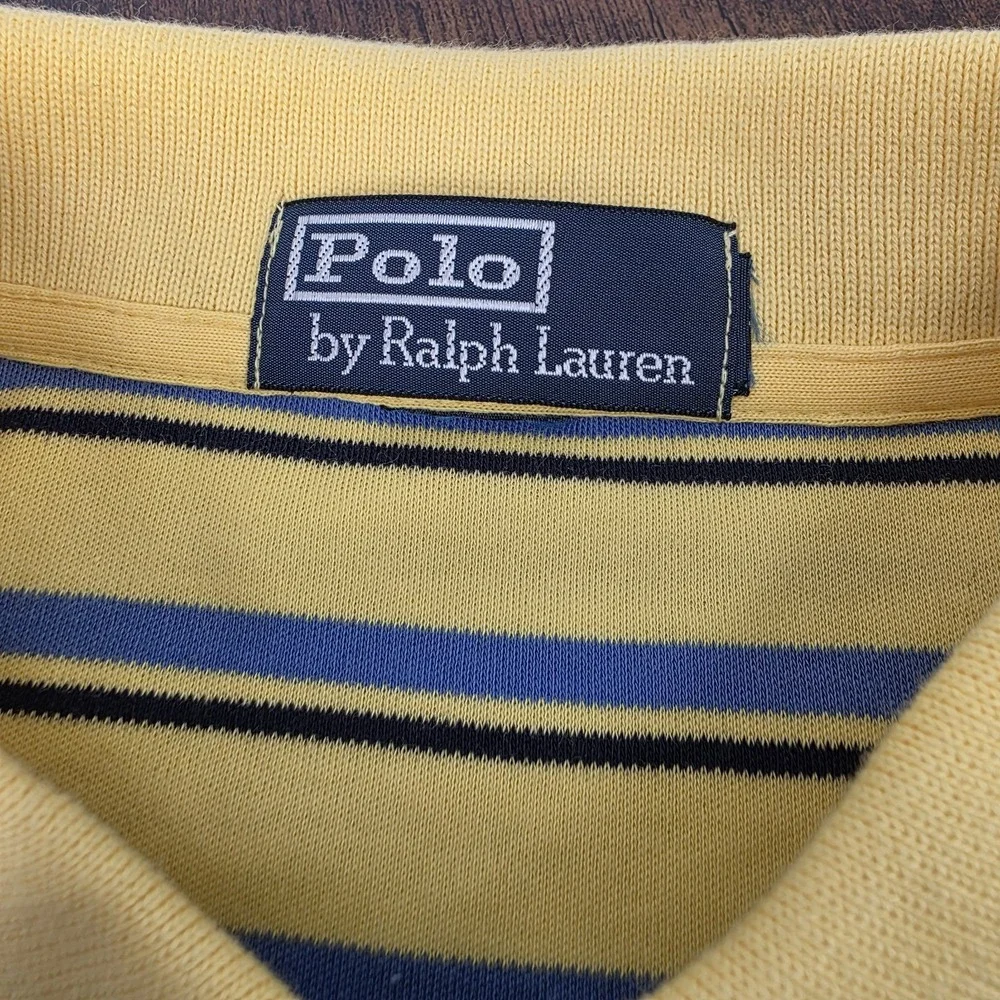VTG Polo Ralph Lauren Polo Shirt Yellow‎ Blue Striped Soft Blue Pony Men's Large